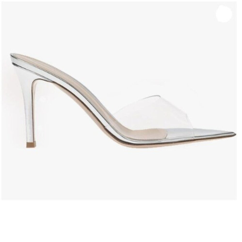 Women's Pointed Open Toe Stiletto Heel Slide Sandals High Heels Mules Silver